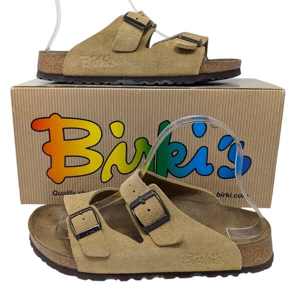 Birki’s Birkenstock Michele Sandals Beige Suede Size EU 38 US Women’s 7 Cork - Picture 1 of 3